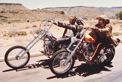 Peter Fonda riding Captain America bike and Dennis Hopper on Billy Bike in Easy Rider movie Harleys in Easy Rider movie