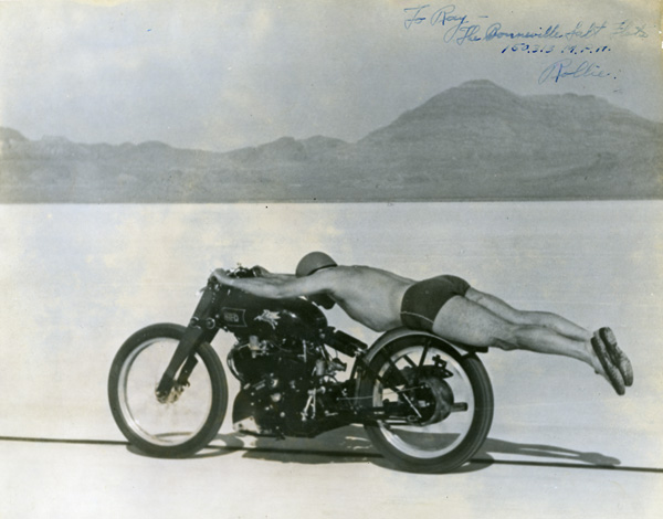 Rollie Free on Vincent Black Lightning, Bonneville Salt Flats, 1948 Rollie Free stretched out on his Vincent Black Lightning, Bonneville Salt Flats, 1948