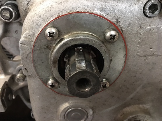 Ironhead transmission mainshaft oil seal retainer installed V-Twin Mfg Oil Retainer Kit Replaces OEM 35150-52