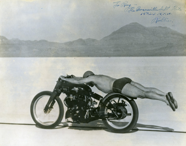 Rollie Free stretched out on his Vincent Black Lightning, Bonneville Salt Flats, 1948